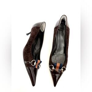 Gucci Horsebit Web Stripe GG Pump Size 8.5 Brown Suede Pointed Toe Kitten Heel